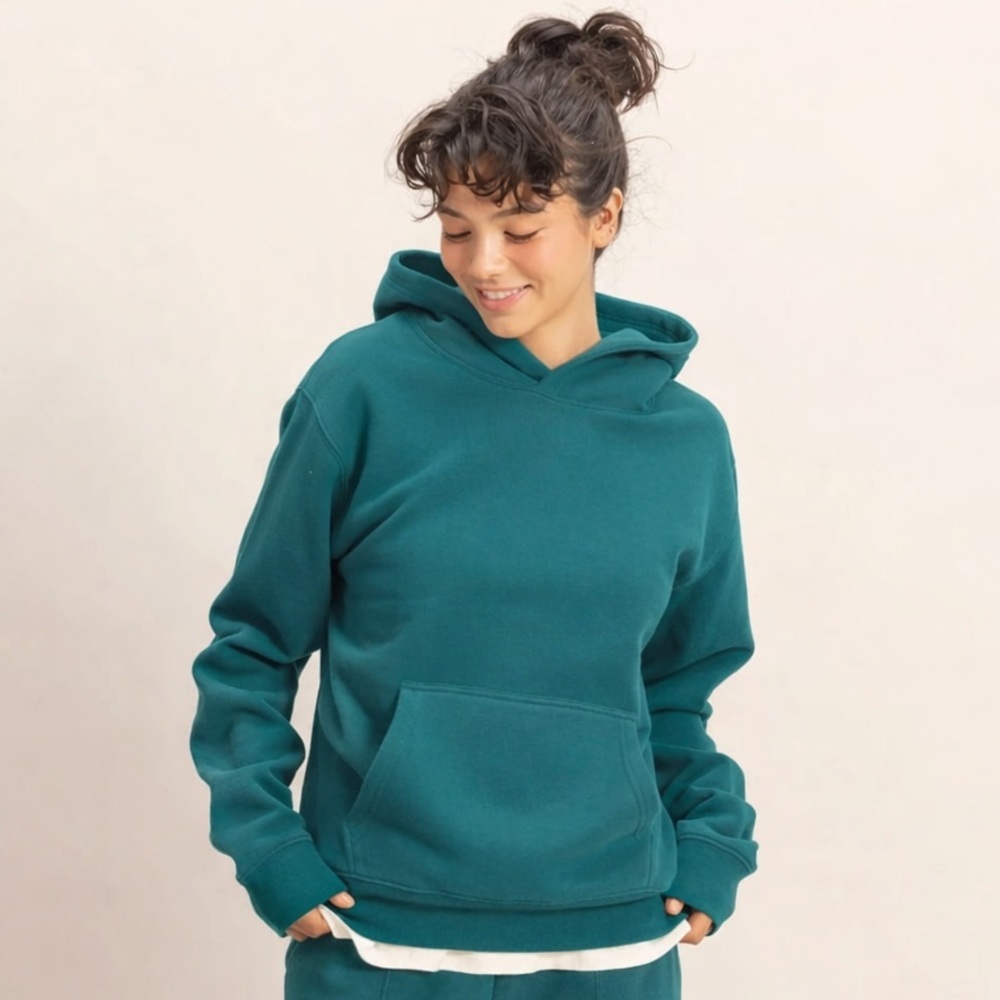 NEW Double Zero Deep Green Essential Hoodie Cozy Kangaroo Pocket Pullover Large